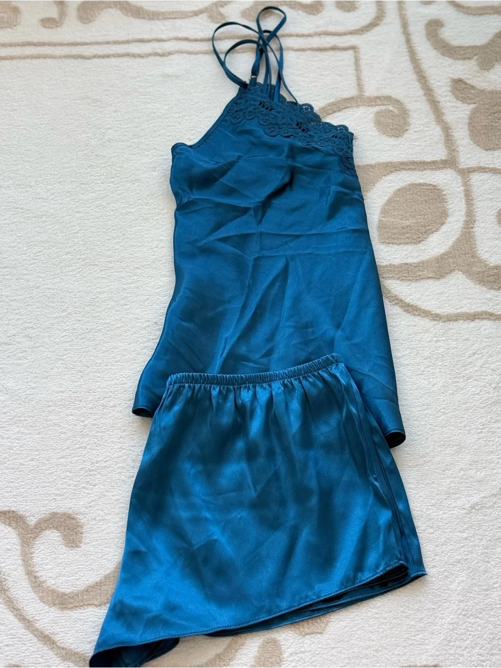 Linea Donatella Teal Lace-Trim Satin Cami & Short Set
